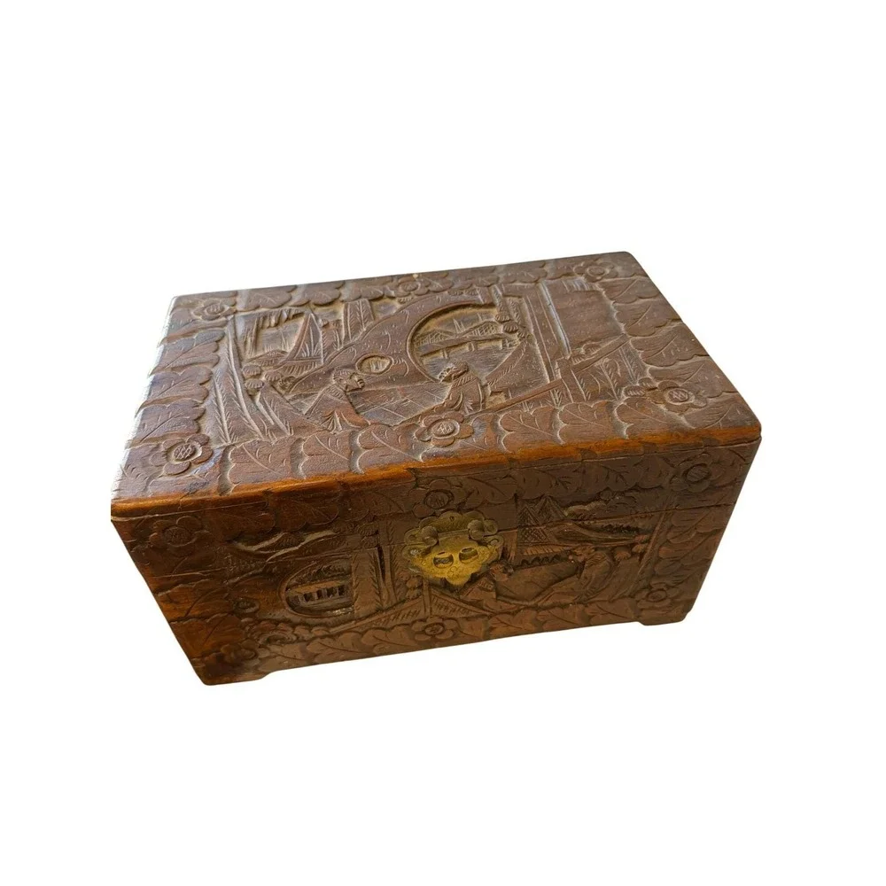 Vintage Hand Carved Camphor Wood Jewelry Box Asian Village Scene Brass Latch 12
